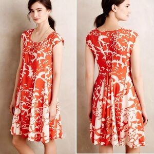 Anthropologie Maeve Indiga Swing Dress S Abtract Bird Orange Cream Tassels Tie